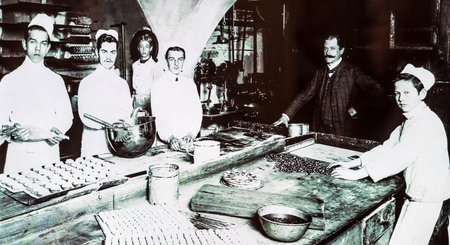 Salzburg, Austria - July 15,2017: An old photo showing group of confectioners who produced the first...