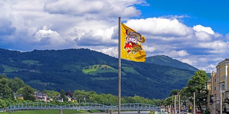 Salzburg, Austria - July 15, 2017: Beautiful view on Salzburg city and Alp mountainsのeditorial素材