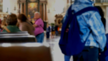 Blurred view of tourist group in Baroque cathedral of the Roman Catholic Archdiocese( Salzburg Cathedral). Austriaの写真素材
