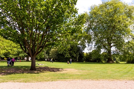 STRATFORD UPON AVON, UK - JUNE 8, 2015: Beautiful blue summer sky with white clouds over green trees in the parkのeditorial素材