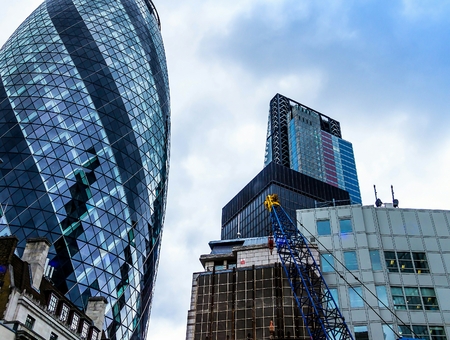 LONDON, UK - JUNE 9, 2015: Gherkin building and Shard London's skyscraperのeditorial素材