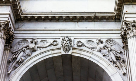 Detail of Marble Arch monument on Oxford Street beyond West End. London.England. UK