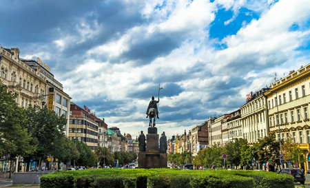 Prague, Czech Republic -July 23,2017: Equestrian statue of King Wenceslas in Wenceslas Square, one of the most famous and large city squares in the world, the main center of the New Place in Prague. The place of many historical events, the traditional plaのeditorial素材