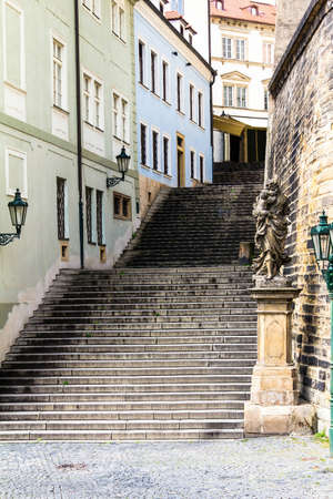 Old Prague street with stone staircase in Hradcany, Prague . Czech Republicのeditorial素材