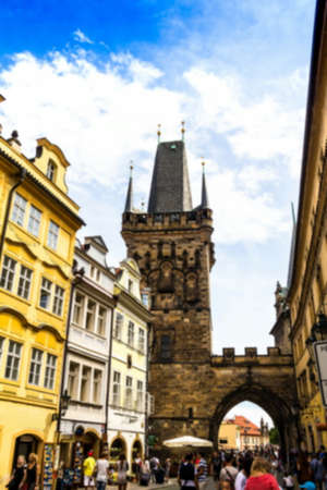 Prague, Czech Republic. Blurred view of people are walking on the street near the Powder Towerのeditorial素材