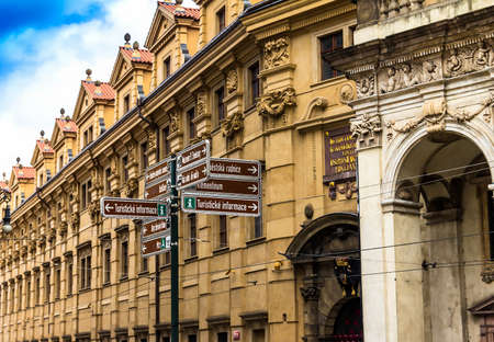 Prague, Czech Republic -July 23,2017: Tourist directions to the main points of interest near St. Salvator Church or Klementinumのeditorial素材