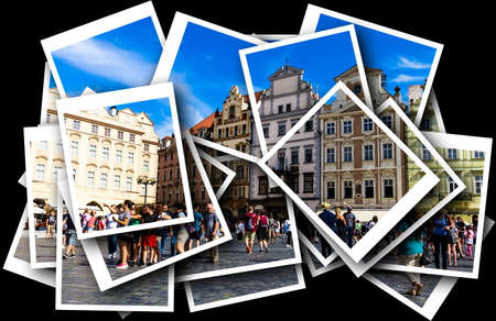 Collage of Old Town Square with tourists. It's a historic square in the Old Town quarter of Prague, popular with tourists. Welcome to Prague!のeditorial素材