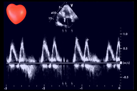 Cardiac ultrasound images and small heart . Screen of echo-cardiography machine. Doppler echo
