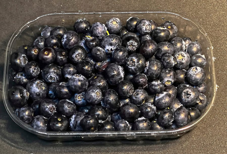 Blueberry in plastic package / box isolated on dark background