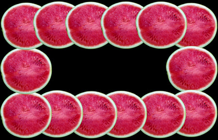 Half of ripe fresh juicy watermelons frame on a black background