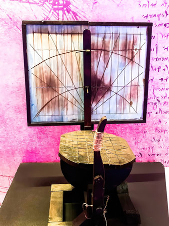 Tel Aviv, Israel - March 6, 2019: Model of a sun dial by Leonardo da Vinci design at The exhibition...