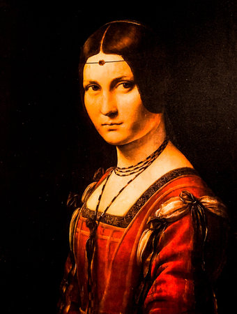 Tel Aviv, Israel - March 6, 2019: Detail of copy of the painting "The beautiful Ferroniere" (1495-1499) by Leonardo da Vinci at The exhibition of Leonardo da Vinci - 500 years old.のeditorial素材