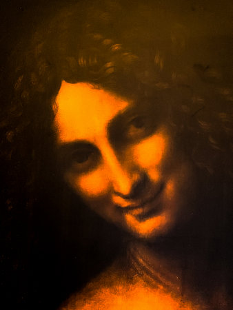Tel Aviv, Israel - March 6, 2019: Copy of the painting "St. John the Baptist" by Leonardo da Vinci at The exhibition of Leonardo da Vinci - 500 years old. Detail.のeditorial素材