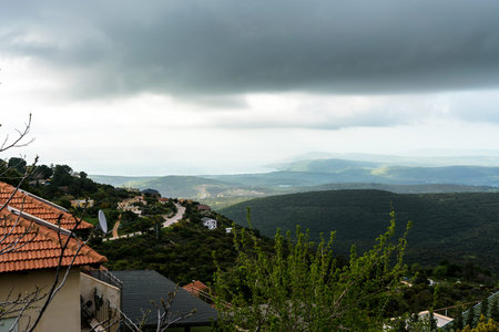 Panorama of the Upper Galilee from the tops of the hills surrounding Lake Kinneret or the Tiberias Sea or Sea of Galileeの写真素材