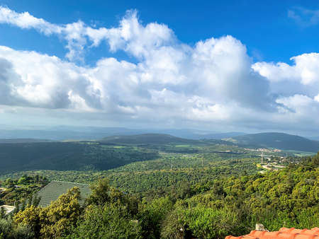 Panorama of the Upper Galilee from the tops of the hills surrounding Lake Kinneret or the Tiberias Sea or Sea of Galileeの写真素材