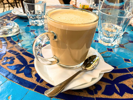 A cup of milk tea / Coffee milk in a glass cup on a table with a blue ceramic tile topの写真素材