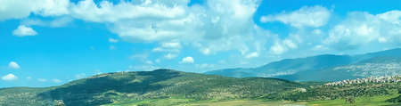 Panorama of the Upper Galilee from the tops of the hills surrounding Lake Kinneret or the Tiberias Sea or Sea of Galileeの写真素材
