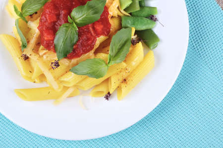 Pasta Penne Doppia Rigatura with grated cheese and green basil and herbs on a white plate. National Italian dishの写真素材