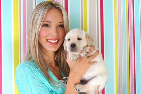 Girl in blue dress with white puppy at her hands on color stripe backgroundの写真素材