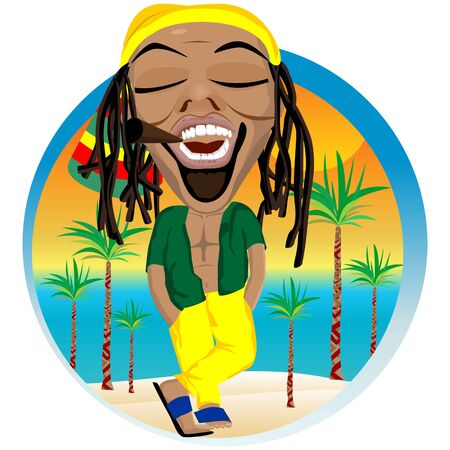 Cheerful rastafarian and palm tree beach backgroundのイラスト素材