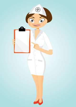 illustration of  beautiful friendly and confident nurse smiling pointing her index finger to clipboardのイラスト素材