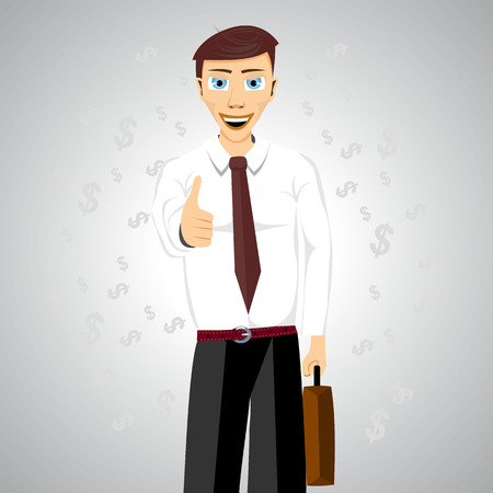 illustration of businessman with briefcase standing with his thumbs upのイラスト素材