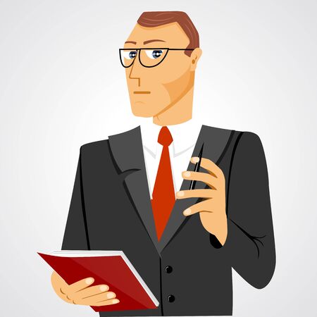 illustration of business man with glasses standing with business diary and ball pen staringのイラスト素材