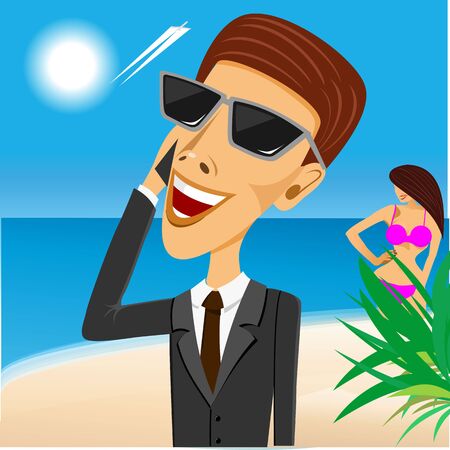 businessman with sunglasses looking at the sky on the beach with a beautiful girl and talking on mobile phoneのイラスト素材
