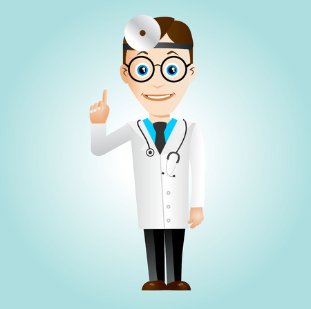 illustration of cartoon character of doctor with glasses and stethoscope pointing his index finger upのイラスト素材