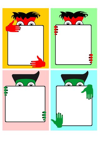 illustration of green and red cartoon characters showing bannersのイラスト素材