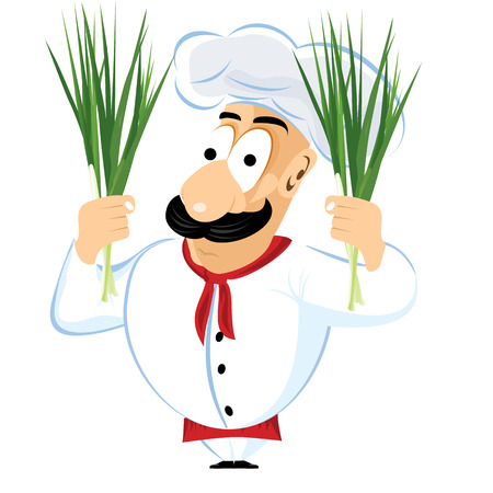 illustration of cartoon character of chef holding green onion in his handsのイラスト素材