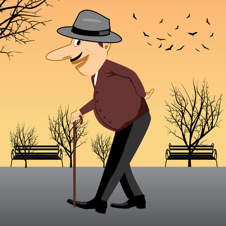 illustration of a smiling senior man walking with a cane and a hat on his head and walking through the park in autumnのイラスト素材