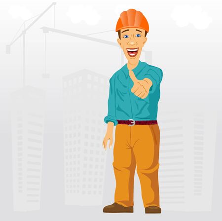 illustration of friendly smiling construction project engineer with helmet on his head giving thumbs upのイラスト素材