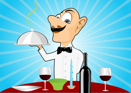 illustration of funny frendly smiling waiter with mustache setting the tableのイラスト素材