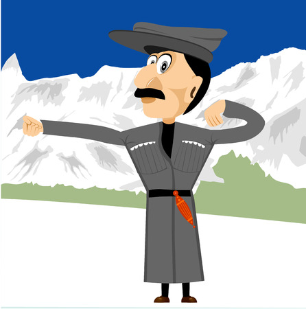 illustration of cartoon character of georgian with a big hat on his head dancing in the mountainsのイラスト素材