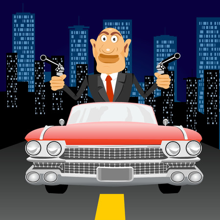 illustration of brutal gangster with handgun driving in car through the city at nightのイラスト素材