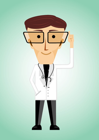 illustration of cartoon character of doctor with glasses pointing his index finger upのイラスト素材