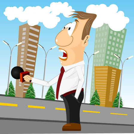 illustration of cartoon news reporter with microphone in hand on the streetのイラスト素材