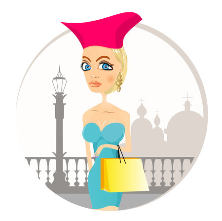 illustration of beautiful rich woman with hat on her head and bag on her arm walking along the promenadeのイラスト素材