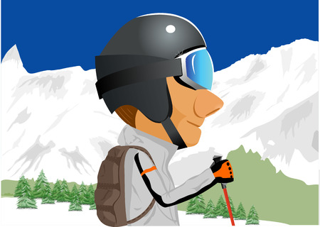 illustration of cartoon character of male skier standing amongst snow capped mountainsのイラスト素材