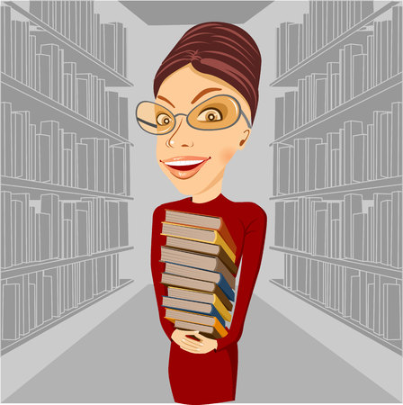 smiling librarian with glasses standing among bookshelves holding books in her handsのイラスト素材