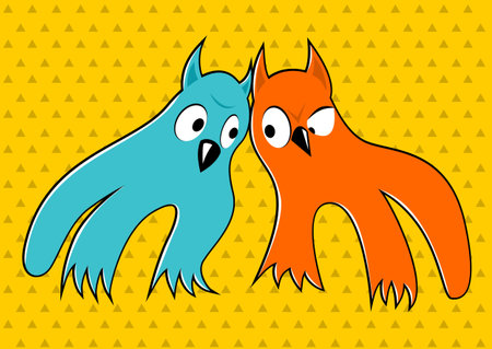 illustration of two cartoon monsters looking at each otherのイラスト素材