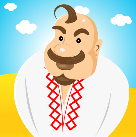 illustration of cartoon character of ukrainian with forelock on his head standing in the middle of the field and staringのイラスト素材