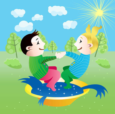 illustration of boy and girl splashing in a basin of waterのイラスト素材