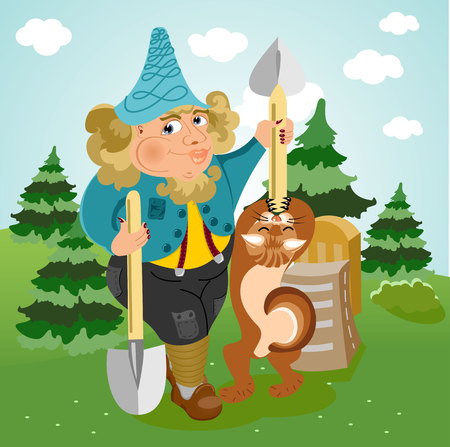 illustration of funny fat gardener with shovelのイラスト素材