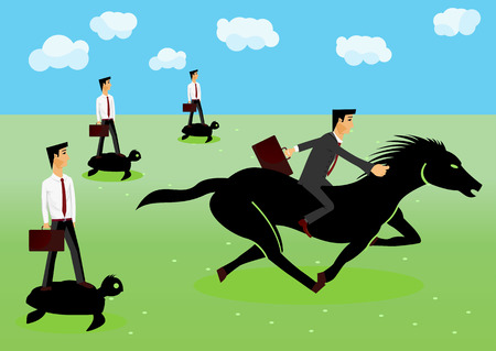 racing -  businessman riding a horse, behind him other businessmen riding on turtlesのイラスト素材