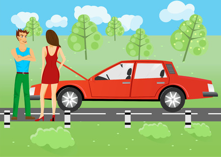illustration of man and woman standing near a car, man wants to help her repair her carのイラスト素材