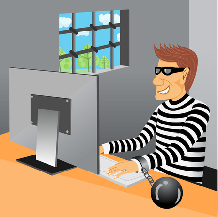 illustration of prisoner sitting in his prison cell working at computerのイラスト素材