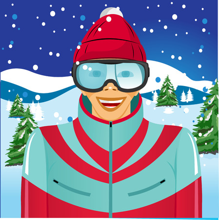 illustration of smiling skier with ski goggles and suit and cap standing in mountainsのイラスト素材