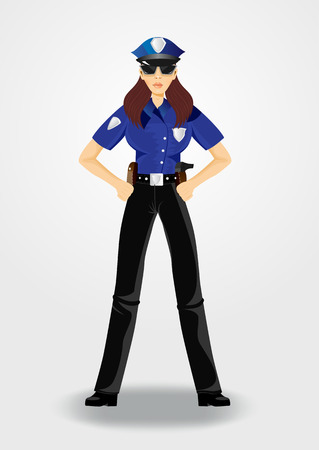 illustration of strict policewoman or cop woman in uniform standing with hands on hipsのイラスト素材